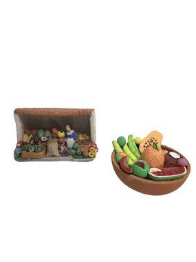 Mexican Folk Art Handmade Fruit Stand & Bowl Figurines - Terracotta Clay